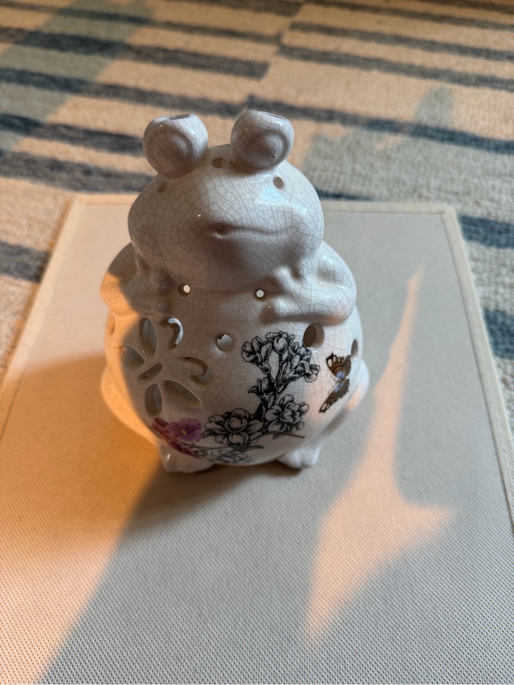 Source Unknown White Ceramic Frog Lantern with Floral and Butterfly Motifs